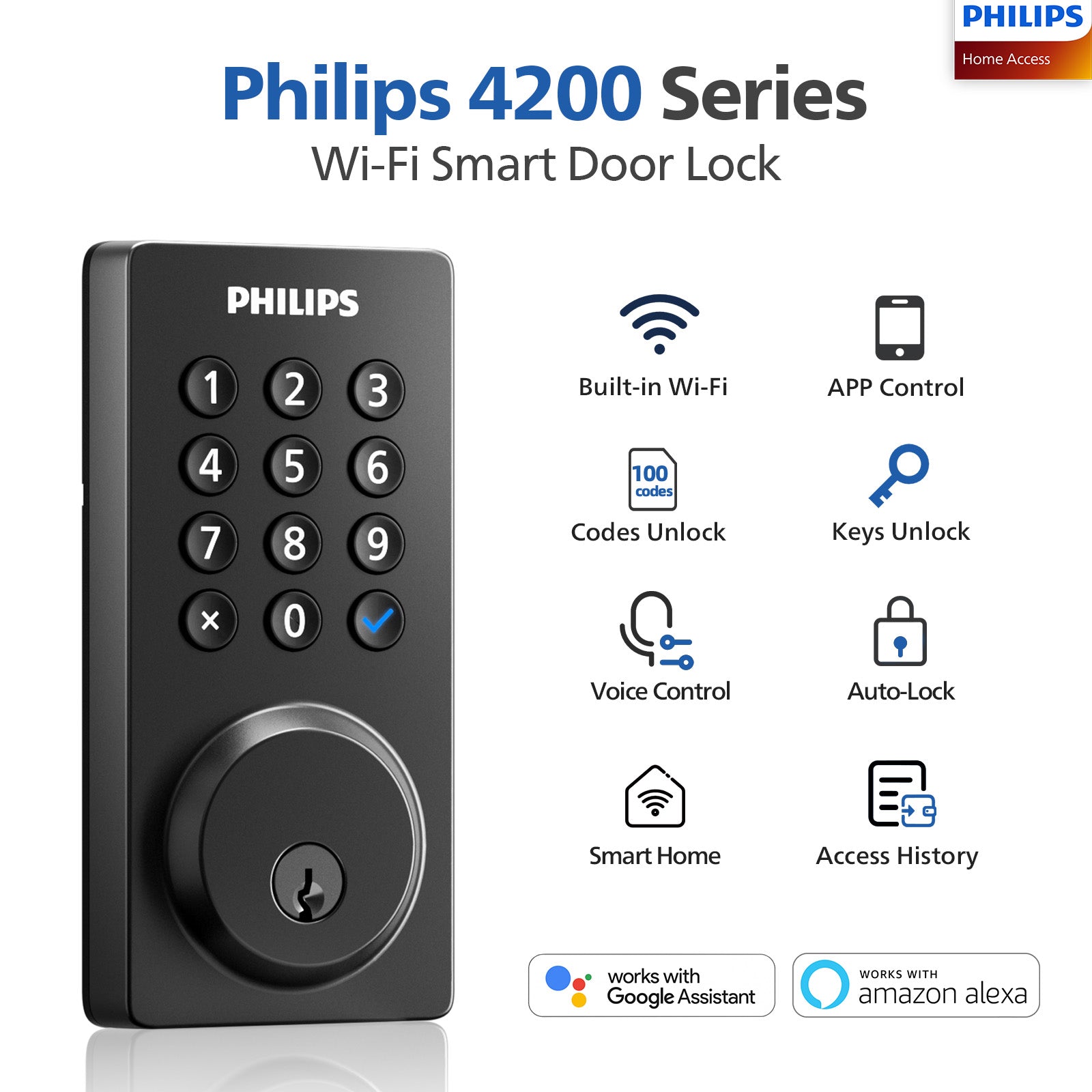 Philips 4200 Series Built-in Wi-Fi Keypad Smart Deadbolt with Door Lever