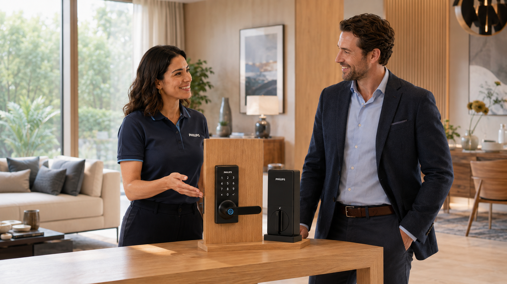 Philips representative and a wholesale customer discussing smart-lock samples in a welcoming showroom